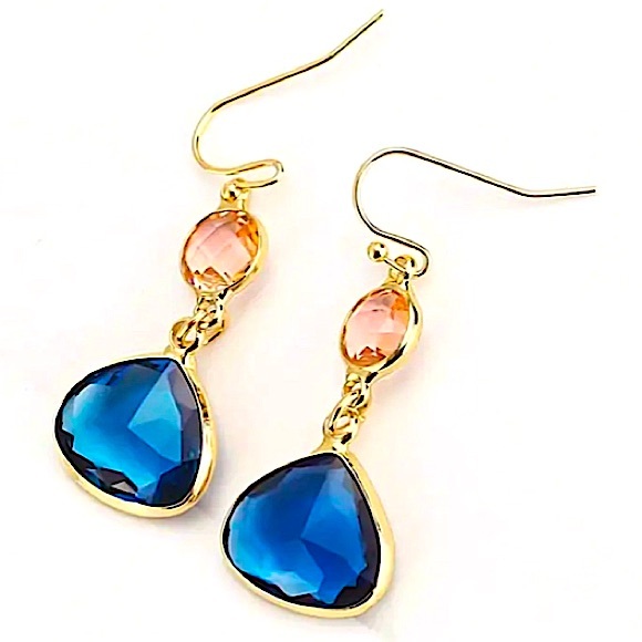 Gold Sapphire and Pink Dangle Earrings - Picture 5 of 9